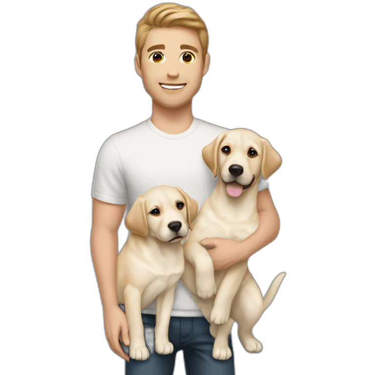 gay couple, white, the 1st is white with brunette hair and slightly-curly, the 2nd man is Australian brunette , they are holding one light yellow labrador retriever puppy emoji