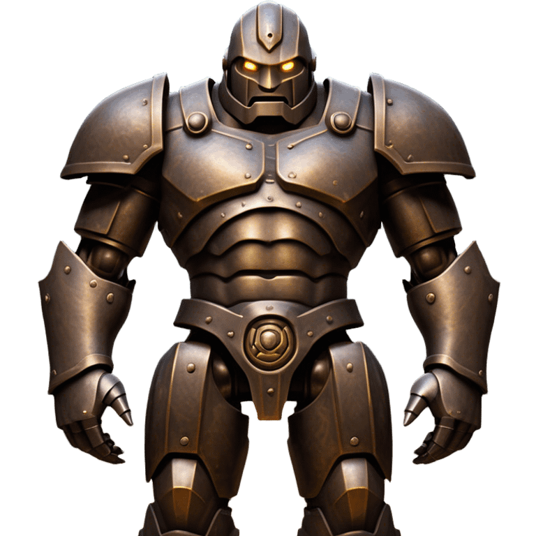 Cinematic Noble Mighty Iron Golem Portrait Emoji Poised and imposing, with a towering, metallic form forged from intricately detailed plates of burnished steel and ancient bronze, etched with faint traces of runes and weathered marks of time. Its piercing, glowing eyes radiate unwavering resolve, casting a solemn and commanding presence; rendered with lifelike texture and natural metallic highlights, high shine, elegant yet indomitable, styled with an aura of legendary endurance, focused and resolute, soft glowing outline, capturing the essence of an eternal guardian, standing vigilant and immovable as if ready to awaken at any moment with unstoppable might! emoji