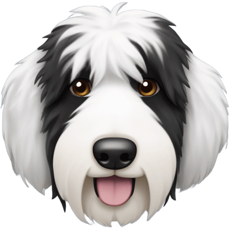 Old English sheepdog with a half and half face like a black and white cookie emoji