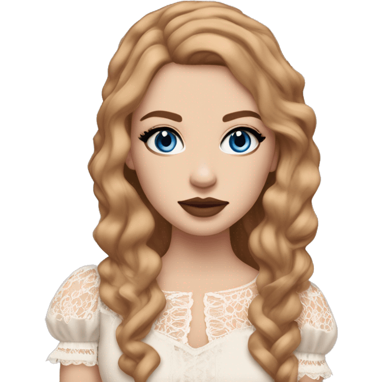 White girl with shoulder length straight hair a mix between dark ginger and dark blonde. Blue eyes long eyelashes rose cheeks and nude lipstick and bold eyeliner. Wearing frilly blouse with exaggerated puff sleeves and lace emoji