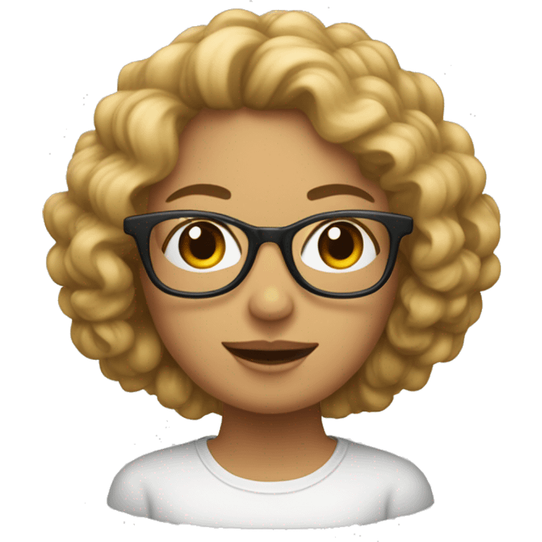 Crea a una mujer con pelo rizado o ondulado y lentes emoji