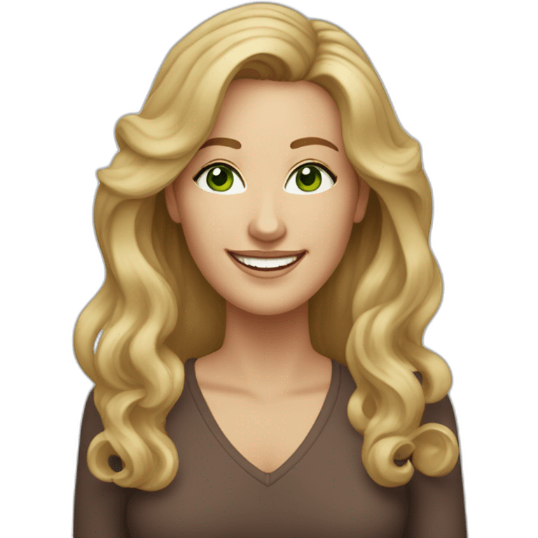 middle aged woman with blond and brown long wavy hair, green eyes and a smile wearing hoop earrings emoji