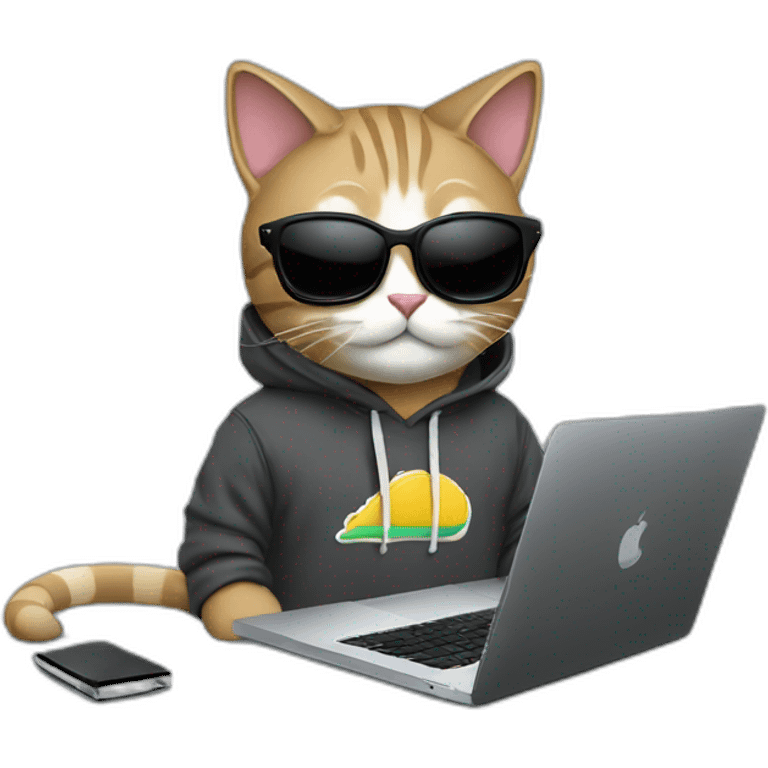 Cat wearing hoodies and sunglasses and working on a MacBook Pro  emoji