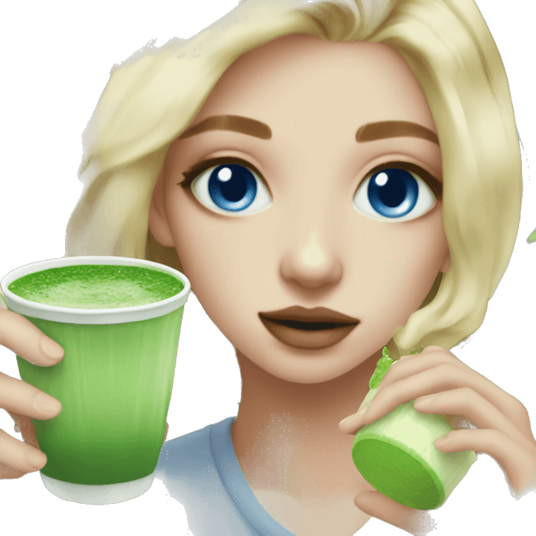 Blonde girl with blue eyes drinking Matcha aesthetic  emoji