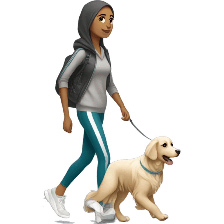 Arab woman wearing athleisure walking white golden retriever emoji