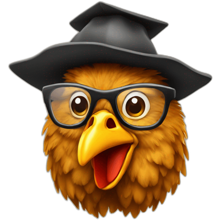 Chicken phd student in a classroom with hat and glasses emoji