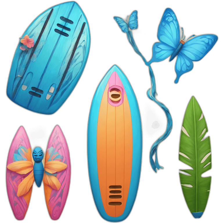 A surfboard Cartoon Blue and orange tiki smiling with butterfly and and Cartoon Blue and pink tiki singing with butterfly and mikrophone emoji