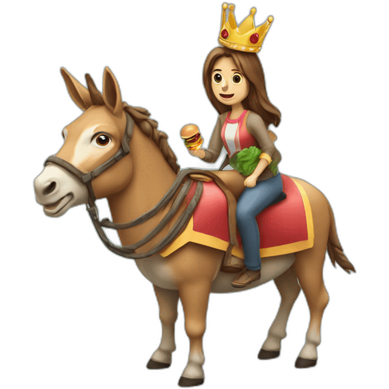 A man and a woman eating a burger while riding a donkey with a golden crown on top of its head emoji