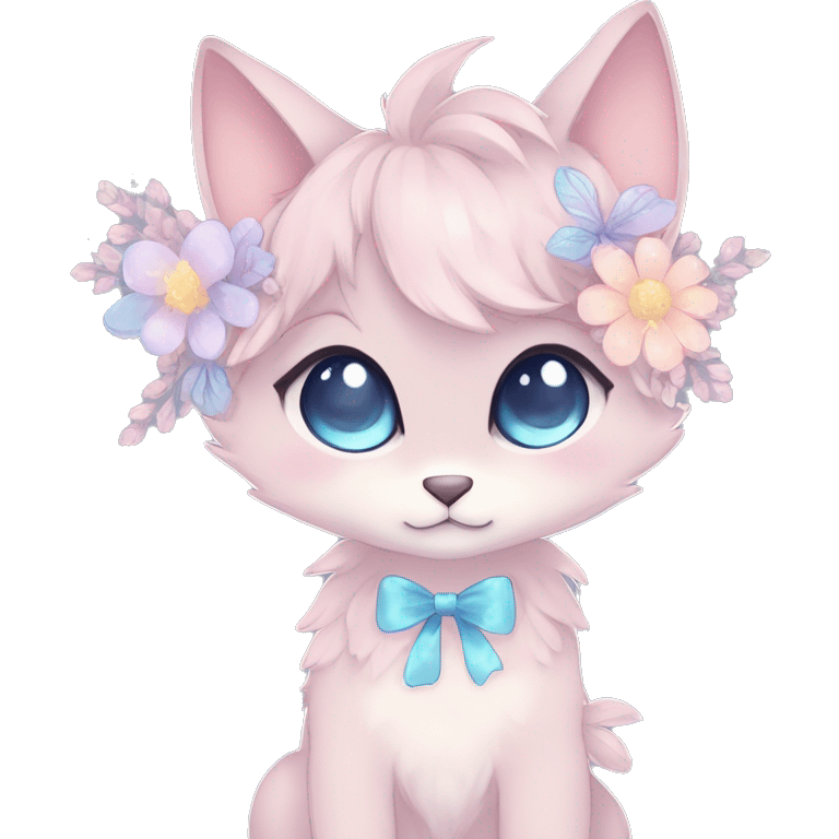 Anthro Cute Cool Blushing Pastel Innocent Shy Kawaii gorgeous sparkly ethereal fantasy anime animal creature with blue eyes furry sona with flowers and ribbons beautiful aesthetic emoji