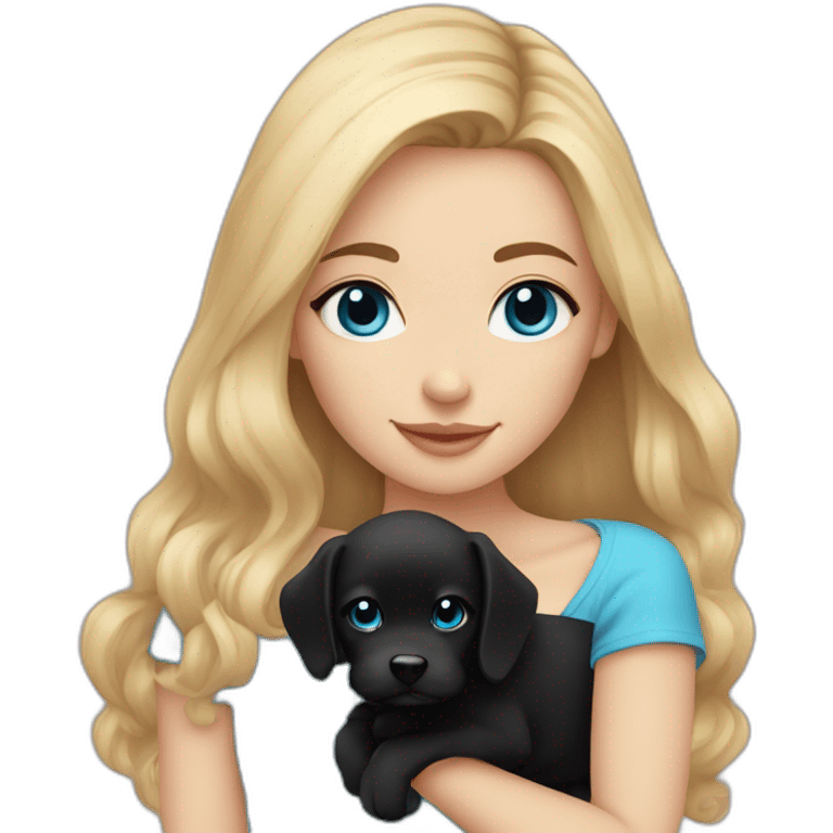 girl with straight blonde hair and blue eyes holding a black fluffy puppy emoji