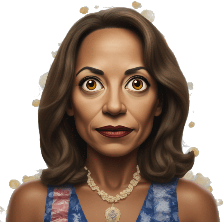 US president Kamala in Bond style, oil paint, mysterious eyes, intricate lips, masterpiece portrait, odd perspective, beautiful, desirable, logical, midsommar, ikea emoji