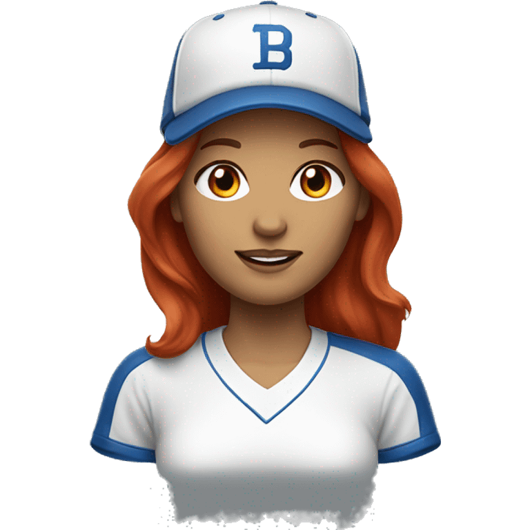 front facing, standing female coach with long red hair, wearing a white t-shirt and a simple blue baseball hat emoji