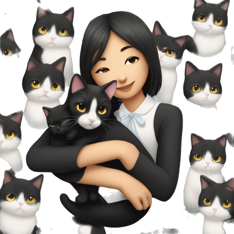 asian girl hugging tuxedo cat emoji