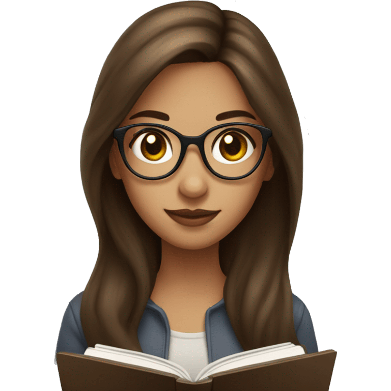 Girl with long brown hair and hazel eyes with brown glasses reading a kindle emoji