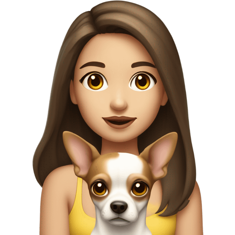 A girl with long brown hair, big brown eyes, very big lips wearing a white singlet top, holding a chihuahua that is one colour yellow emoji