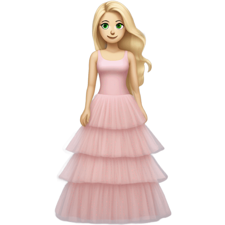 Realistic White woman with Long blonde straight hair and green eyes, full body wearing Long soft pink tiered tulle dress, isolated emoji