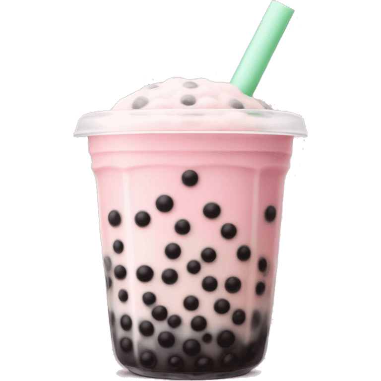 cup of boba tea with a soft pastel pink color, topped with creamy milk and filled with chewy black tapioca pearls. The drink has a smooth, sweet look emoji