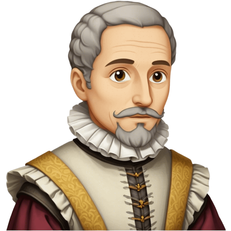 Cinematic Realistic Miguel de Cervantes Portrait Emoji, depicted as a wise thoughtful literary figure in period attire with a reflective gaze, rendered with detailed textures and soft historical lighting that captures his enduring literary legacy. emoji