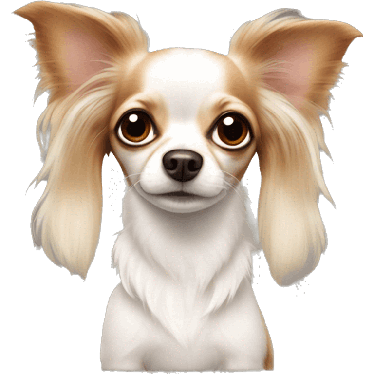 Long-haired white Chihuahua with reddish brown markings wearing pajamas emoji