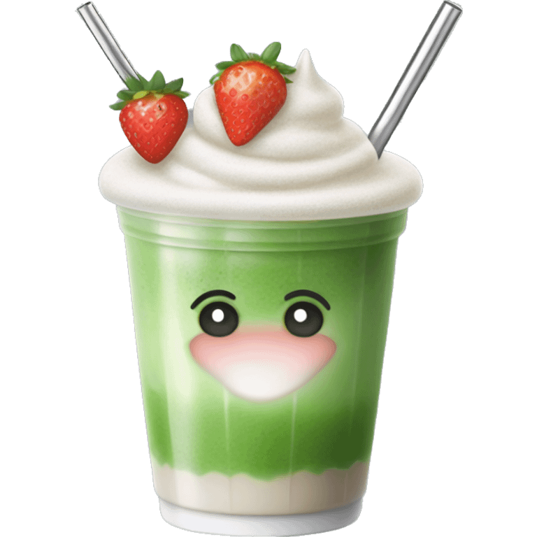 hyper realistic iced matcha latte with strawberry cold foam and a silver straw  emoji