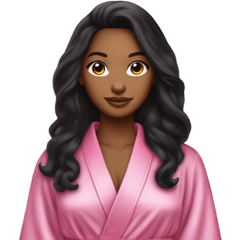 Mixed race woman with long black hair wearing a silk pink Victoria’s Secret robe emoji