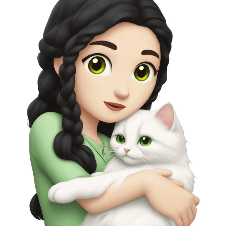 girl with pale skin, very long dark black hair and green eyes and light pink outfit hugging a white fluffy scottish cat emoji