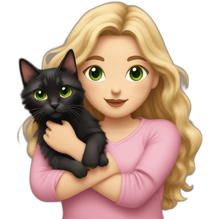 woman with green eyes and long wavy blonde hair in a pink shirt is holding a very fluffy and fat black and tortoiseshell cat emoji