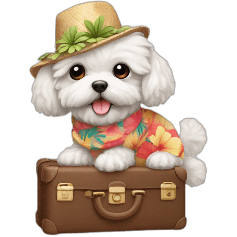 white maltipoo with luggage and Hawaiian hat emoji