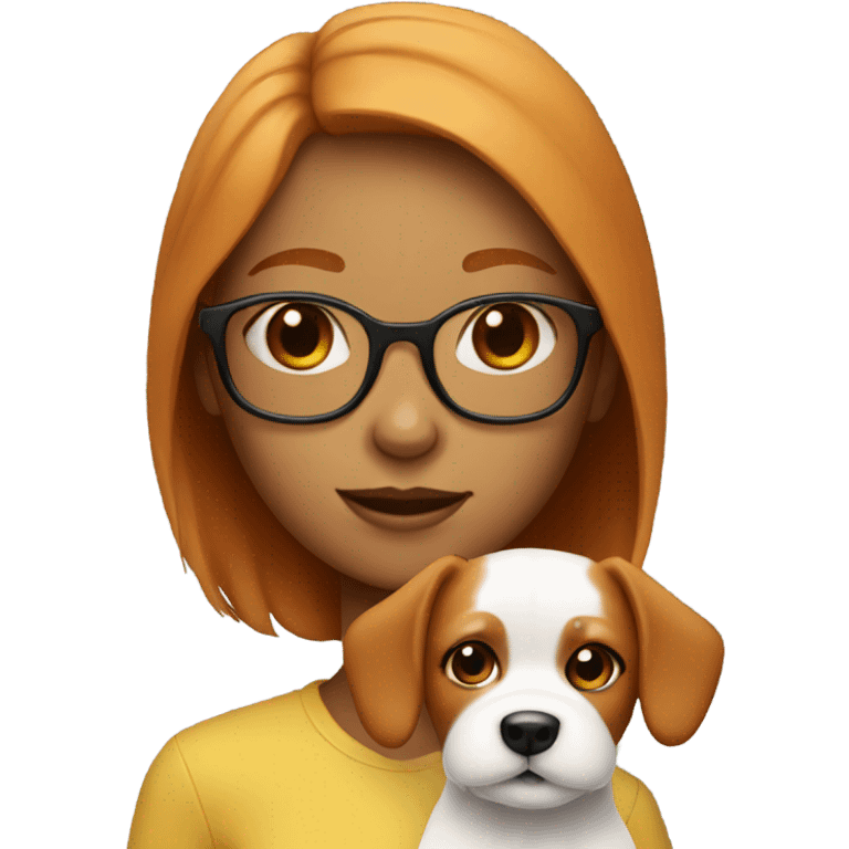 Tanned ginger girl with glasses holding small white dog  emoji