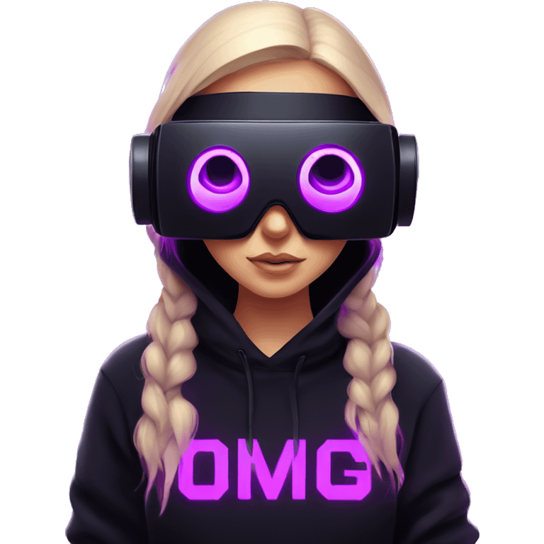 Russian girl wearing black hoody with violet letters "OMG", in vr headset. Cyberpunk style. Violet neon. emoji