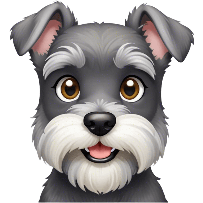 Cinematic Cute Miniature Schnauzer Portrait Emoji, Head cheerfully cocked with expressive, twinkling eyes and a neatly trimmed, adorable salt-and-pepper fur, simplified yet endearingly detailed, glowing with a bright, friendly radiance, high shine, exuding smart and spunky charm, styled with a delicate, whimsical outline, capturing the essence of a cute Miniature Schnauzer that appears ready to scamper off the screen with delightful energy! emoji