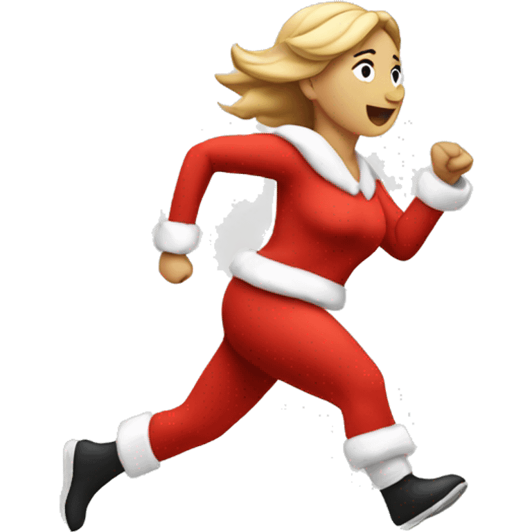 A white woman running, with a large stride and arms outstretched, in a santa costume emoji