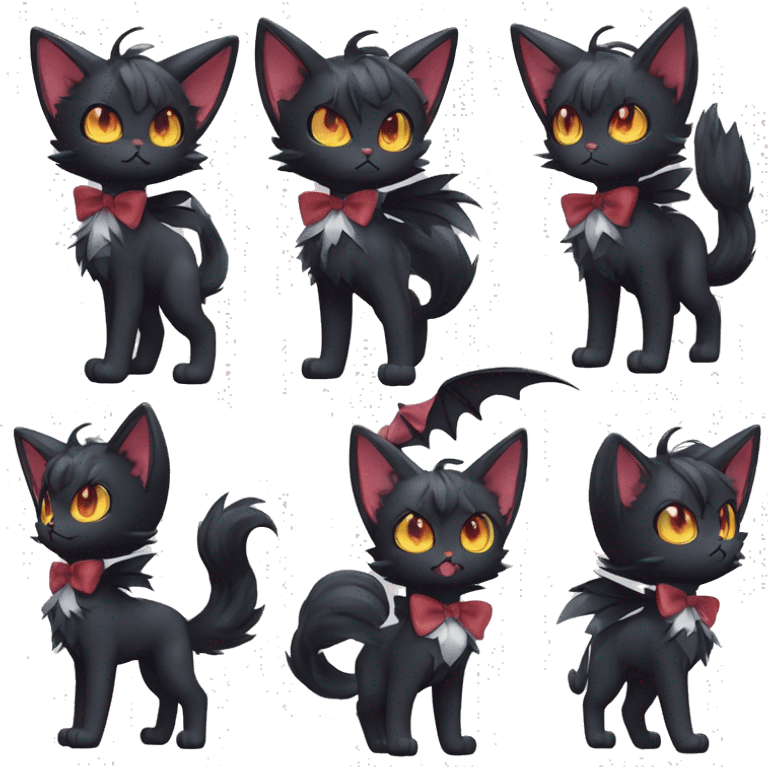 Shiny Dark Cool Edgy Black beautiful ethereal fantasy Kawaii Sona Litten-Fakemon-cat-animal with edgy bat-ears bow tie black emo-mane vtuber model Full Body emoji