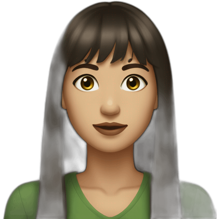 Young woman, light skin, long dark brown hair, straight bangs, dark green eyes, golden earrings emoji