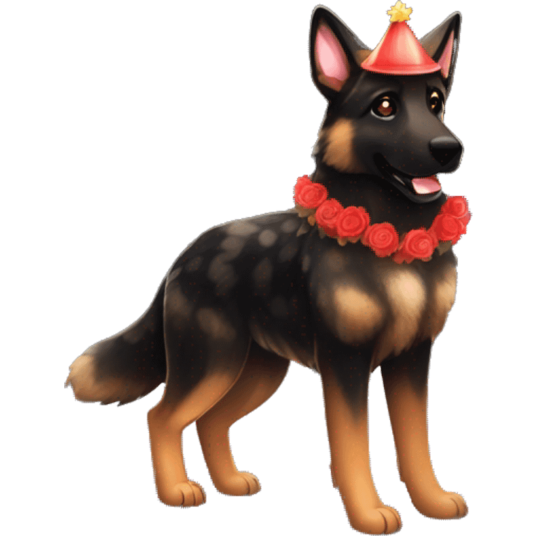 Bokeh Midnight constellation night stars Brindled striped brindle black German shepherd fox carrying glowing red lantern, fairy lights, rose flower crown, bokeh lights, out of focus blur emoji