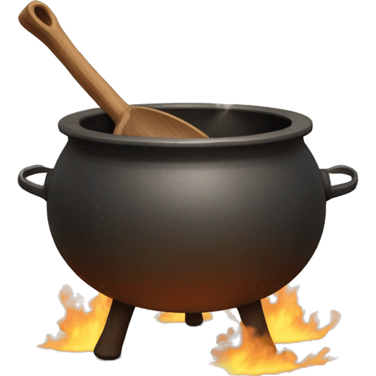 smoldering cauldron with wooden spoon sticking out of the top. the cauldron is filled with a hazy fall color substance. the cauldron has 2 solid looking feet and its cast iron emoji