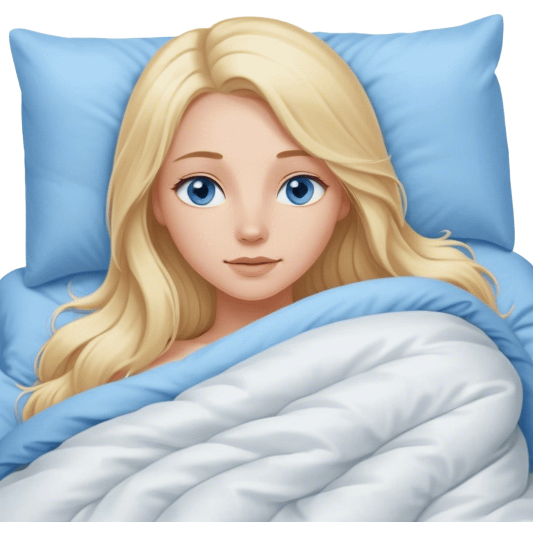 Cinematic realistic blonde with long hair, blue eyes and delicate features, lying in a cozy, soft bed, covered with a duvet emoji