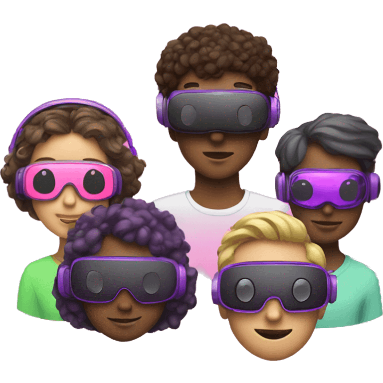 3 people different races, happy, cute wearing VR headsets, pink, purple, greens, neons emoji