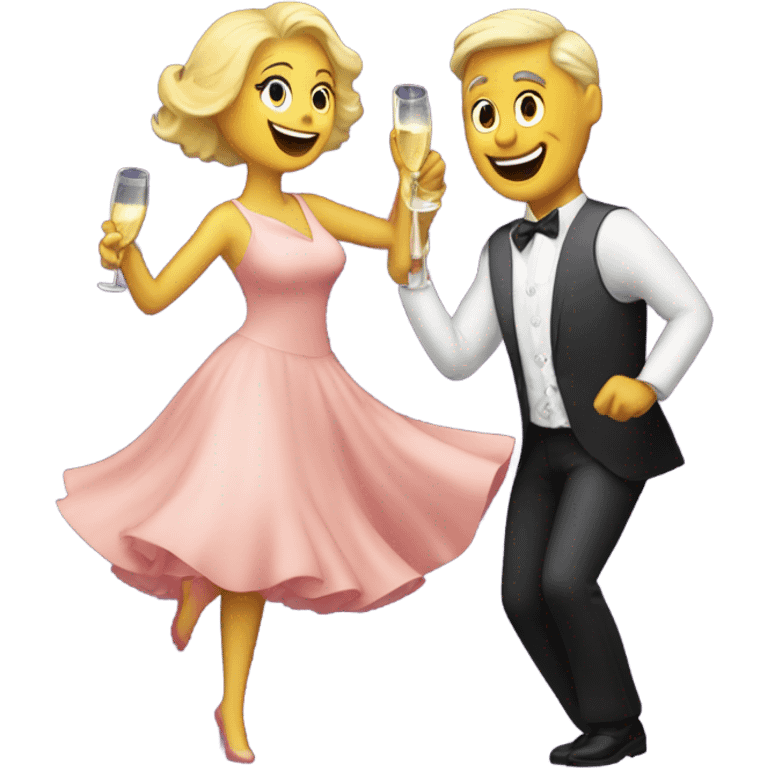 A fifty years man and a blonde woman dansing with a cup and bottle of champagne by night emoji