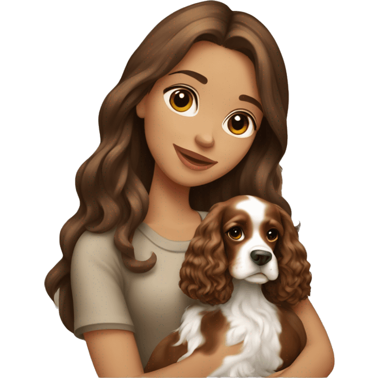 Beautiful stylish girl with long brown hair holding in her arms puppy English Cocker Spaniel emoji