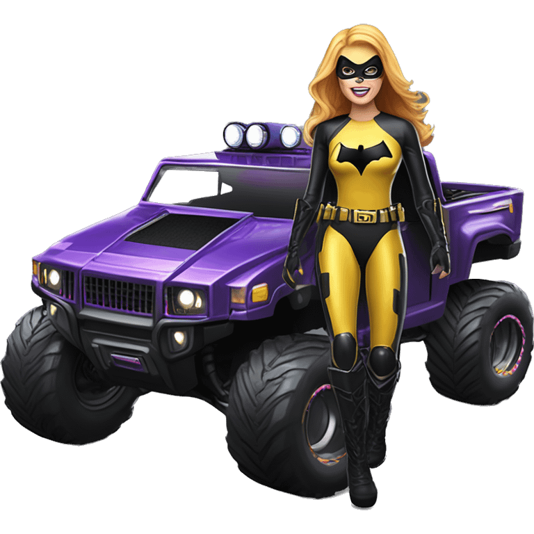 Light skinned Batgirl in shiny leather, Hummer EV radio controlled monster truck  emoji