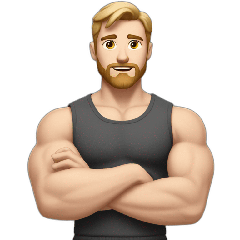 Close up Actively gesturing  with hands Pale skinned Fit Man With the biceps and brown hair in dark gray Sleeveless Mike, black oversize sports shorts, watch and white Sneakers emoji