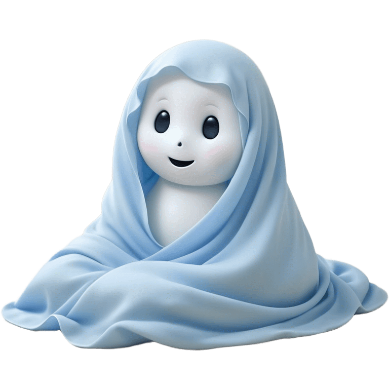 An adorable, peacefully floating sheet-like ghost in gentle pastel whites and blues, its soft, rounded form loosely draped, head resting with closed, serene sparkling eyes and a tiny, contented smile, simplified yet irresistibly charming, highly detailed, with a soft glowing outline that captures the essence of a sleepy, endearing spirit wrapped in cozy slumber! emoji