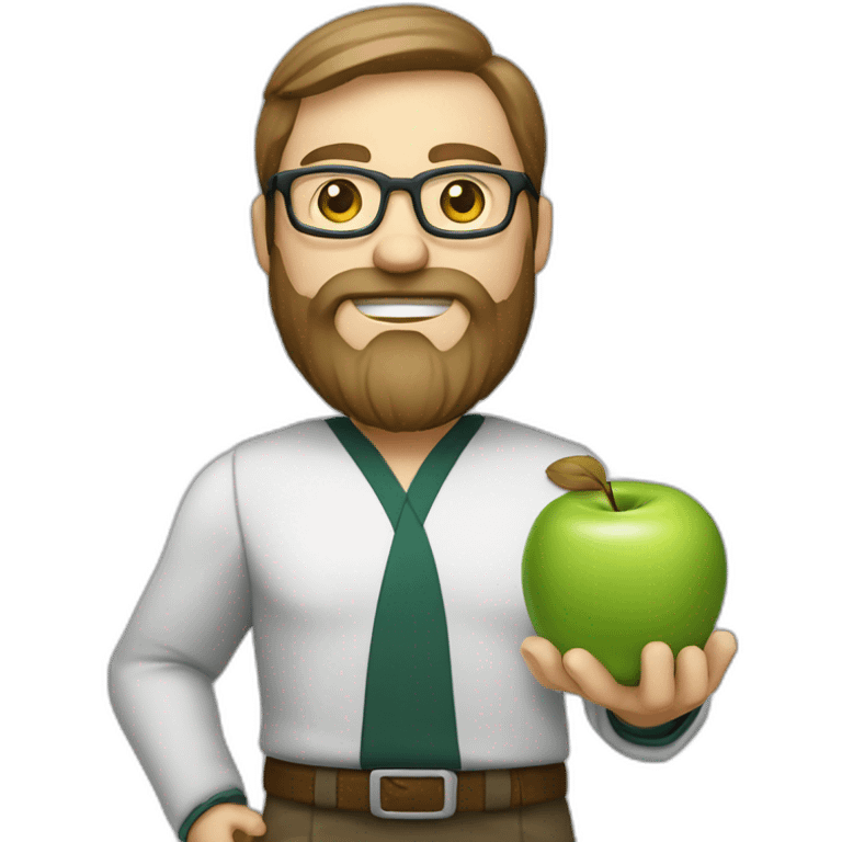 A male nutritionist with a full beard and dark blonde hair and white skin and glasses holding an apple in his hand. Without white kiltze. emoji