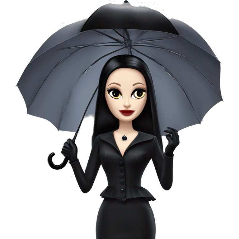 Parisienne Pretty Barbie,Morticia Addams at a rainy funeral holding umbrella. funeral mask,gloves, small purse  emoji