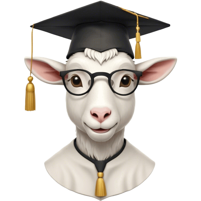 A minimalistic and cartoonish bust of a goat wearing a classic graduation cap (mortarboard) with a tassel hanging slightly to one side. The goat has a confident yet slightly goofy expression, with small round glasses on its nose to emphasize intelligence. It is dressed in a simple academic gown or a collar with a red bow tie for a scholarly look. The background is plain white to keep the focus on the character. The design is sleek, modern, and fun, with smooth lines and soft shading. emoji