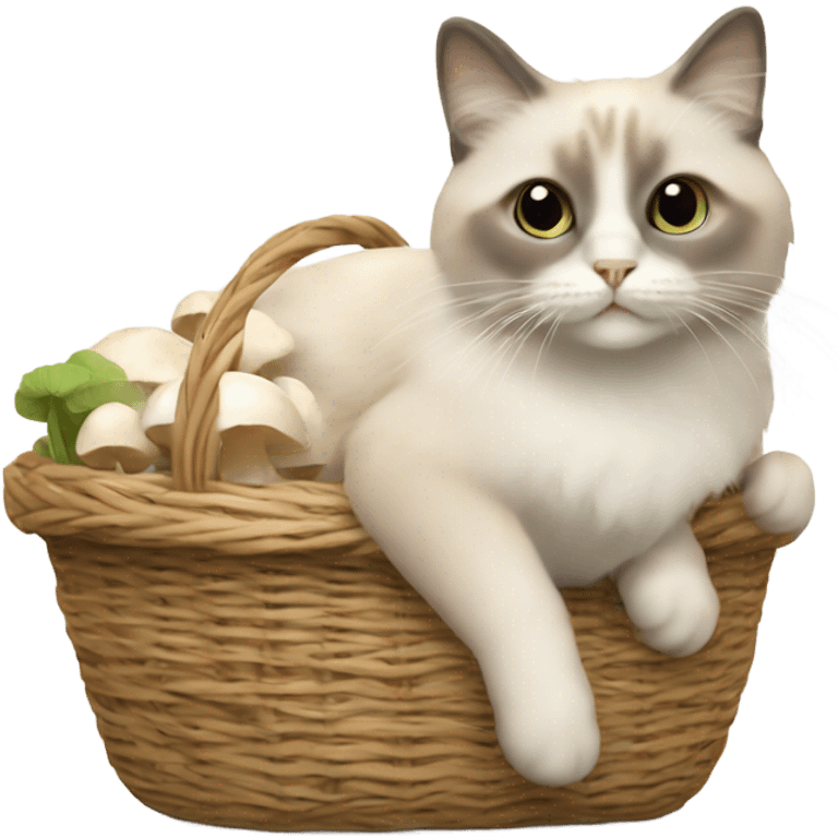 Beige Ragdoll cat carrying a basket of white mushrooms  emoji