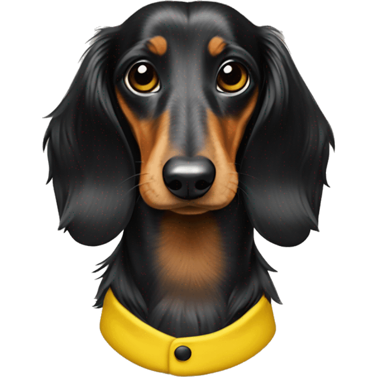 Black long haired dapple dachshund in a yellow suit emoji