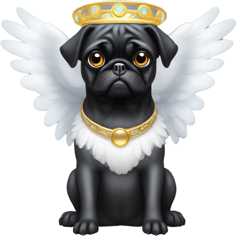 Black pug with a halo over his head and white wings emoji