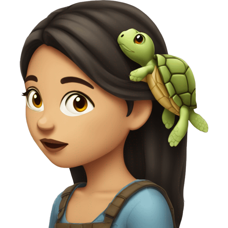 European girl with dark hair kiss little turtle emoji